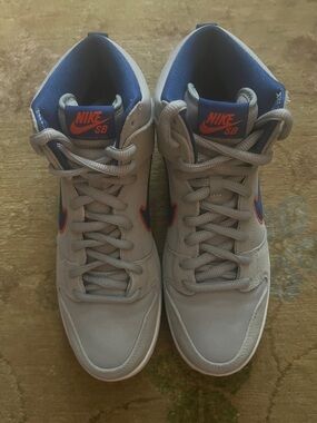 Nike SB Light Gray High-Top Sneakers with Blue Lining & Orange Swoosh